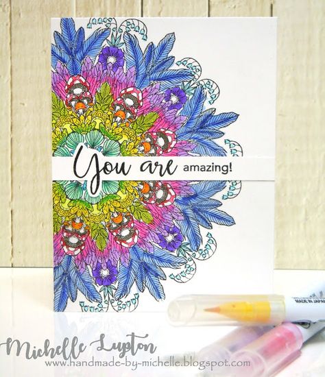 Handmade by Michelle: It's a STAMPtember blog party! Aug 2018 #friendlyfrolicrelease #simonsaysstamp  #flowercards #watercolorcards #cardmaking #stampingfun #stampingart #handmadecard #cardmaker #cardmakingideas #cardideas #watercolorcard #copicmarkers Embossed Cards Handmade, Thoughtful Messages, Nature Mandala, Color Markers, Watercolor Stamps, Easter Cards Handmade, Brush Markers, Congrats Card, Miss You Cards