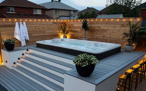 Outdoor Hot Tub Area, Pool Ideas Inground, Swim Spa Deck, Swim Spa Landscaping, Outdoor Swim Spa, Hot Tub Deck Design, Hot Tub Area, Spa Landscaping, Backyard Spa