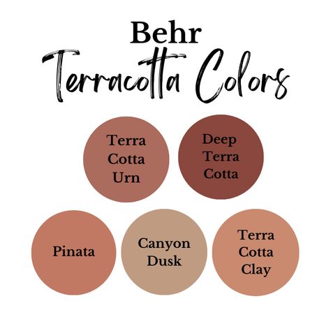 behr terracotta colors-terra cotta urn, deep terra cotta, pinata, canyon dusk, and terra cotta clay Warm Terracotta Behr Paint, Rust Behr Paint, Behr Spiced Potpourri, Terra Cotta Urn Behr, Baked Clay Paint Color, Terra Cotta Bathroom Vanity, Behr Copper Paint Colors, Terracotta Behr Paint, Best Terra Cotta Paint Color