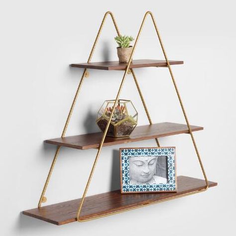 Triangle Wall Shelf, Gold Wall Shelf, Rustic Wall Shelf, Gold Bedroom Decor, Rustic Wall Shelves, Wood And Gold, Shelf Decoration, Triangle Wall, Gold Wall Decor