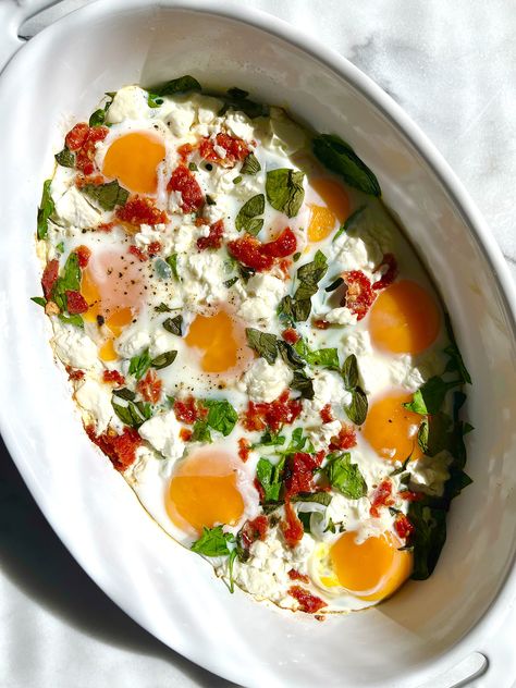 Spinach and Feta Egg Bake - Supper with Michelle Egg Baked, Feta And Eggs, Baked Eggs And Feta, Baked Feta Eggs, Feta Egg Bake, Spinach Egg Bake, Feta Eggs, Eggs With Spinach And Feta, Baked Eggs With Spinach And Tomato