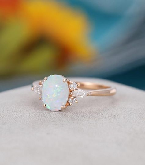 White Gold Opal Ring, Cluster Engagement Ring Vintage, Dainty Opal Ring, Opal Wedding Band, Gold Opal Ring, Rose Gold Opal Ring, October Birthstone Ring, Engagement Ring Opal, October Birthstone Rings