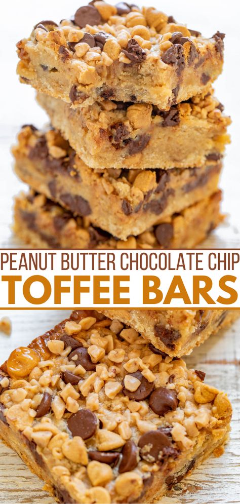 Peanut Butter Chocolate Chip Toffee Bars - Averie Cooks Peanut Butter Toffee Bars, Chocolate Chip Toffee Bars, Toffee Bits Recipe, Peanut Butter Chip Recipes, Toffee Bar, Sweet Slices, Easy Bar Recipes, Toffee Chips, Averie Cooks