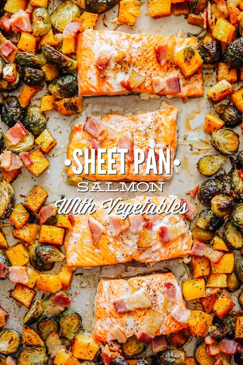 Sheet Pan Salmon with Brussels and Butternut Squash #realfood #cleaneaating #healthyrecipes #healthydinner #salmonrecipe #livesimply Brussels Sprouts And Butternut Squash, Sheet Pan Salmon, Sprouting Sweet Potatoes, Pan Salmon, Salmon And Sweet Potato, Honey Salmon, Garlic Butter Salmon, Cooking Sweet Potatoes, Paleo Dinner