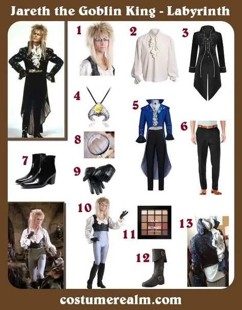 Dress Like Jareth The Goblin King Costume Guide For Halloween And Cosplay Jareth Labyrinth Costume, The Labyrinth Cosplay, Hoggle Labyrinth Costume, Goblin King Labyrinth Costume, David Bowie Labyrinth Costume, Jareth The Goblin King Costume, Labrynth Halloween Costumes, Labyrinth Halloween Costume, The Goblin King Costume