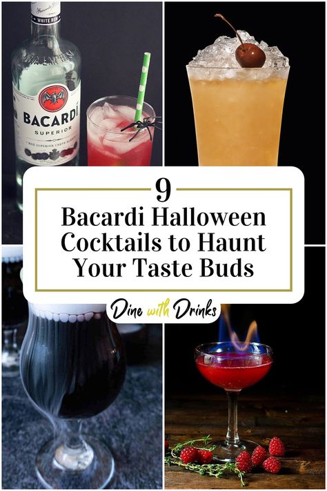 Collage of 4 bacardi halloween cocktails. Cocktails With Chambord, Spooky Cocktails Halloween Party, Drinks With Bacardi Rum, Alcoholic Drinks Rum, Bacardi Drinks, Zombie Drink, Chambord Cocktails, Grenadine Cocktail, Rum Mixed Drinks