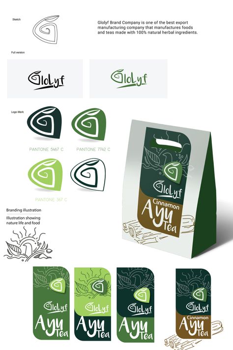 I have created this logo and packaging brand for Glolyf. Glolyf Brand Company is one of the best export manufacturing company that manufactures foods and teas made with natural herbal ingredients. Food Company Branding, Herbal Branding, Herbal Packaging, Food Manufacturing, Brand Illustration, Tea Brands, Tea Companies, Company Branding, Company Meals