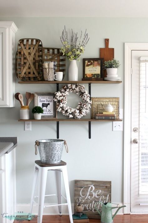 LOVE these tips for styling shelves. These $40 DIY shelves were transformed with some old and new farmhouse decor. | TheTurquoiseHome.com Farmhouse Shelves Decor, Koti Diy, Farmhouse Style Living Room, Styling Shelves, Apartment Decoration, Farmhouse Shelves, Decor Ikea, Rustic Farmhouse Kitchen, Decorating Shelves