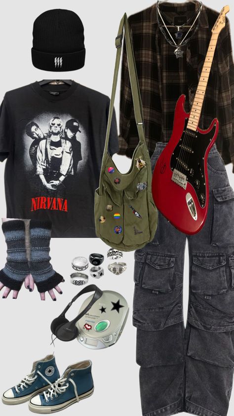 #grunge #aethedic #rock #rings #guitar #flannels #imsogay 6th Form Outfits, Boys Aesthetic Outfits, Moda Grunge, Baggy Outfit Ideas, Rock Rings, Earthy Outfits, Casual Preppy Outfits, Swaggy Outfits, Alternative Outfits