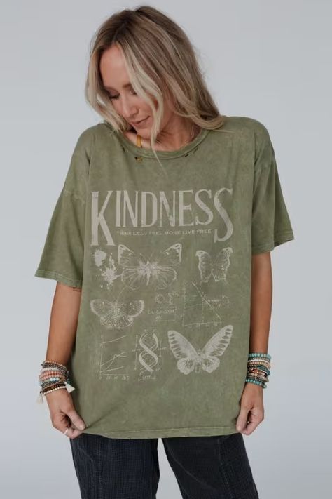 Fluttering Kindness Graphic Tee - Green | Three Bird Nest Kindness Graphic, Boho Bottoms, Boho Essentials, Oversized Tee Shirt, Shirt Silhouette, Bralette Outfit, Padded Bralette, Boho Aesthetic, Shirt Fabric