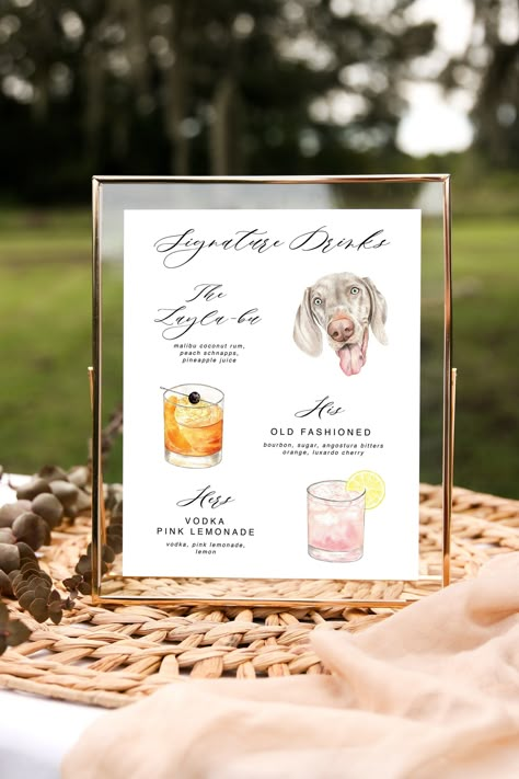 A fully custom signature drink sign to showcase your favorite cocktails at your wedding! Pet parents - this is a great way to include your fur babies on your special day! - After purchasing, please message me with photos of the cocktails and/or photos of your pets DESCRIPTION: - Cocktails and pets are painted with watercolor - Printed on 300gsm slightly textured, 100% cotton, acid free paper PROCESS: - Proofs will be sent through Etsy messaging unless you let me know you would prefer email SHIPP Watercolor Signature Drink Sign, Signature Drink Pet Sign, His Hers And Dog Drink, Signature Drink Wedding Sign, His Her Drinks Wedding, Signature Cocktails Wedding Sign, Wedding Signature Drink Sign, Dog Signature Drink Wedding, Wedding Additions