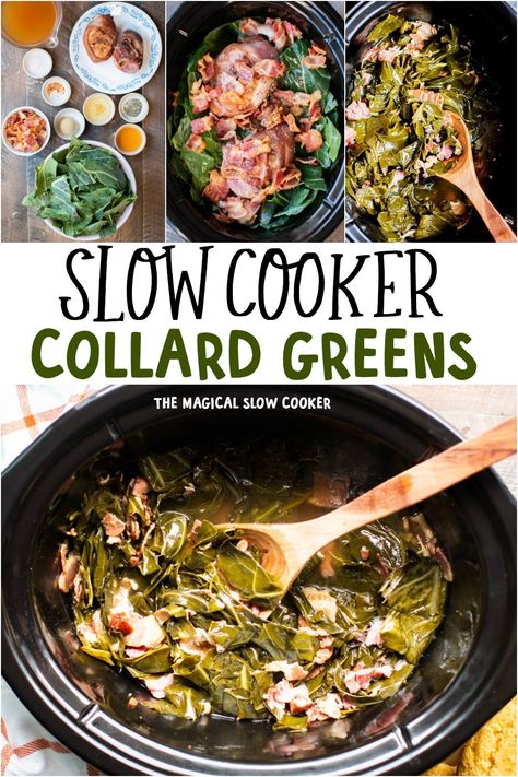 Prepare these easy Slow Cooker Collard Greens recipe for a delicious side. These collards have a smoky ham flavor and a great broth! #crockpot #collardgreens - The Magical Slow Cooker Slow Cooker Greens Collard, Collards In Crockpot, Crockpot Greens Collard Southern Style, Crock Pot Collard Greens Southern Style, Slow Cooker Collard Greens Ham Hock, Crockpot Collard Greens Southern Style, Greens Crockpot Recipe, Collard Greens Recipe Southern Crockpot, Slow Cooker Turnip Greens