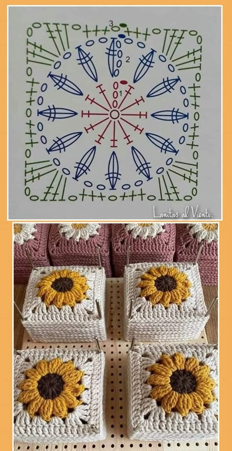 Sunflower Granny Square Pattern Diagram, Sunflower Granny Square Diagram, Granny Square Cardigan Layout Pattern, Granny Square Crochet Pattern Sunflower, Granny Square Crochet Sunflower, Sunflowers Crochet Patterns, Crochet Flowers Square, Sunflower Crochet Pattern Granny Squares, Flower Crochet Pattern Free Diagram