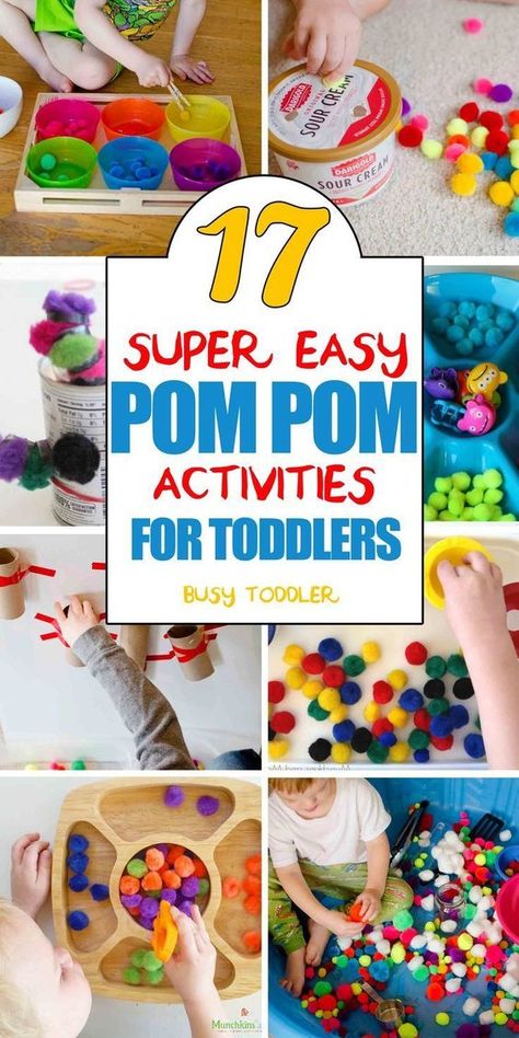 17 Pom Pom Activities for Toddlers: Check out this awesome list of toddler activities using pom pom balls; easy indoor activities; quick and easy toddler play Pom Pom Activities, Easy Indoor Activities, Tactile Activities, Nanny Life, Pom Pom Balls, Reggio Classroom, Indoor Activities For Toddlers, Easy Toddler Activities, Baby Schedule