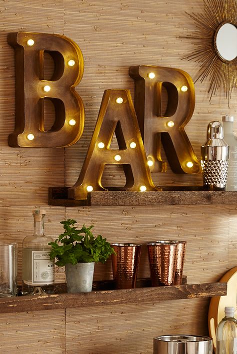 Pier 1’s LED-equipped Marquee Wall Letters will help you make a stylish statement to your Thanksgiving guests—like "Here's the bar," for example. Opening A Coffee Shop, Condo Decor, Dining Ideas, Bar Designs, Backyard Bar, Home Bar Designs, Bar Cart Decor, Bookshelves Diy, Diy Bar