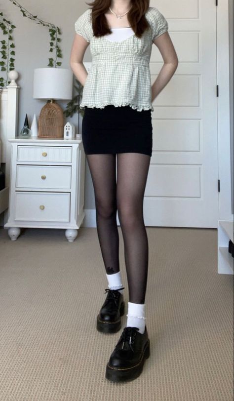 School Shoes Aesthetic Outfit, Black Skirt And Tights Outfit Aesthetic, Brandy Black Skirt, Blaire Top Brandy Melville, Tights Summer Outfit, Black Shoes Outfit Aesthetic, Socks And Tights Outfit, Black Mini Skirt Spring Outfit, Skirt And Tights Outfit Summer