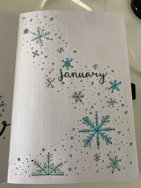 Winter Journal Ideas, January Drawings, January Doodles, Journal Ideas January, Doodle Dividers, January Bujo, Calendar Doodles, Homemade Journal, January Bullet Journal