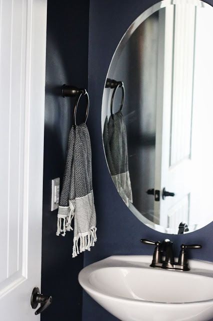 Benjamin Moore Hale Navy in a windowless bathroom Hale Navy Small Bathroom, Benjamin Moore Hale Navy Bathroom, Powder Room Blue Paint, Navy Bathroom Accent Wall, Navy Painted Bathroom, Navy Paint Bathroom, Hale Navy Benjamin Moore Bathroom, Windowless Powder Room Ideas, Hale Navy Powder Room