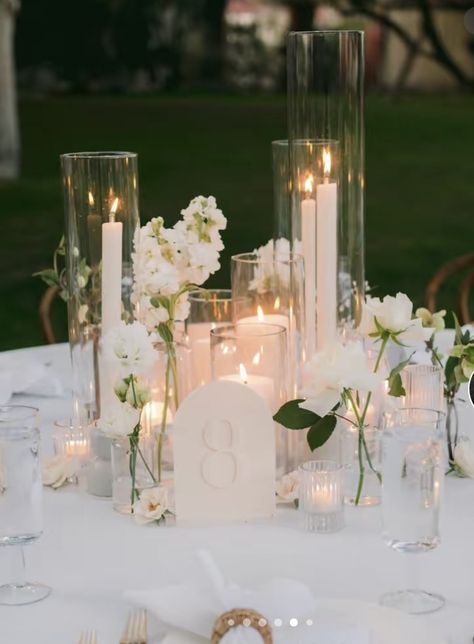 Candle Round Table Centerpiece, Candles Wedding Round Table, Reception Tables With Candles, Wedding Table Flower Arrangements With Candles, Candles And Roses Centerpieces, Bridal Table Candles, White Florals And Candles Wedding, Timeless Wedding Table Settings, Candle Floral Centerpieces