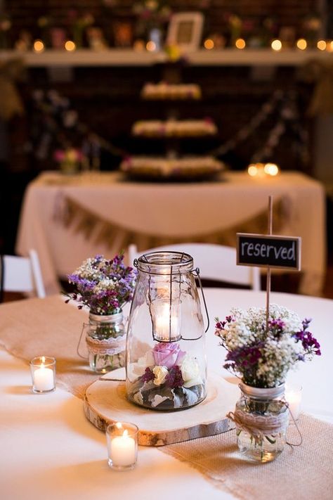 Rustic wedding reception table decorations Purple Floating Candles, Purple Rustic Wedding, Purple Table Decorations, Rustic Purple Wedding, Rustic Wedding Table Runners, Rustic Wedding Table Decor, Wedding Reception Table Decorations, Reception Table Decorations, Rustic Wedding Reception