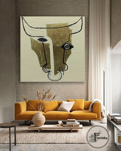 "The painting \"Cow on Canvas\" is made with a heavy texture of gold paint. An original very textured loft painting straight from my studio. It is a modern, abstract, very stylish, original, highly textured hand painted on natural canvas with high quality oil and acrylic paints and gold leaf. The combination of the classic colors of gold, white and black and the abstract image of a bull makes this painting a stylish, exclusive decoration for your interior. The complex, effective, heavy texture 3 Heavy Texture Acrylic Painting, Abstract Cow Painting, Cow Abstract, Cow Paintings On Canvas, Bull Painting, Colorful Texture, Bull Art, Painting Contemporary Art, Gold Painting