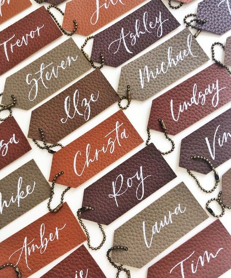 Leather Place Cards / Leather Luggage Tags / Wedding Place Cards / Wedding Calligraphy Leather Name Cards Wedding, Leather Table Numbers Wedding, Luggage Tag Place Cards, Diy Leather Luggage Tags, Personalized Leather Luggage Tag As A Gift, Classy Wedding Favors, Practical Wedding Favors, Wine Wedding Favors, Simple Wedding Favors