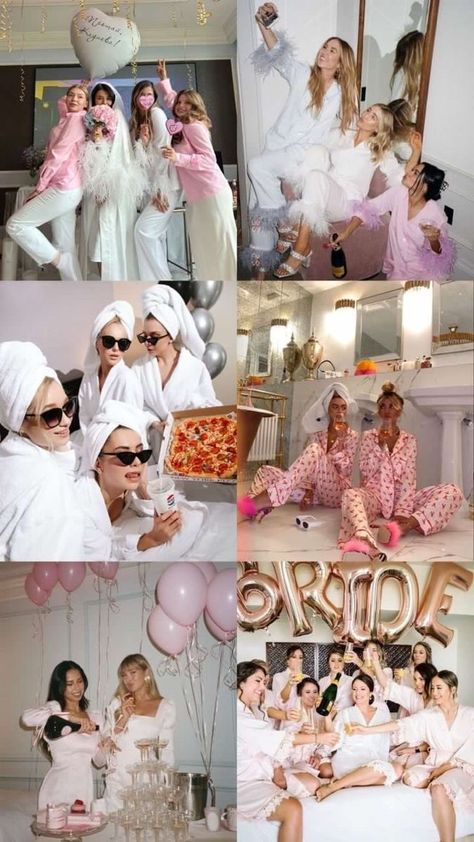 Bridal Shower Ideas Photoshoot, Pyjama Party Hen Do, Bridal Sleepover Ideas, Bridal Party Sleepover, Sleepover Bridal Shower Ideas, Night Out Bachelorette Party Outfits, Bachelorette Pretty In Pink, Bachelorette Picture Backdrop, Bridal Shower Sleepover