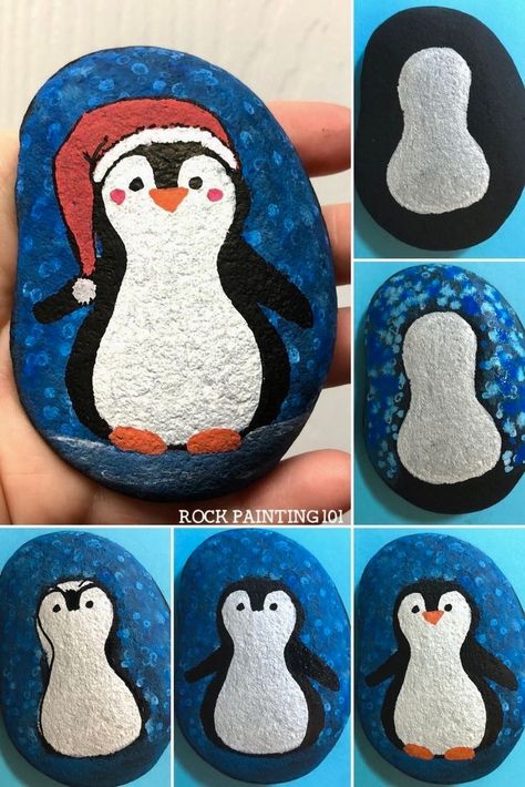 Draw A Penguin, Chirstmas Decor, Penguin Craft, Painted Rock Animals, Block Painting, Happy Stones, Painted Rocks Kids, Christmas Rock, Painted Rocks Craft