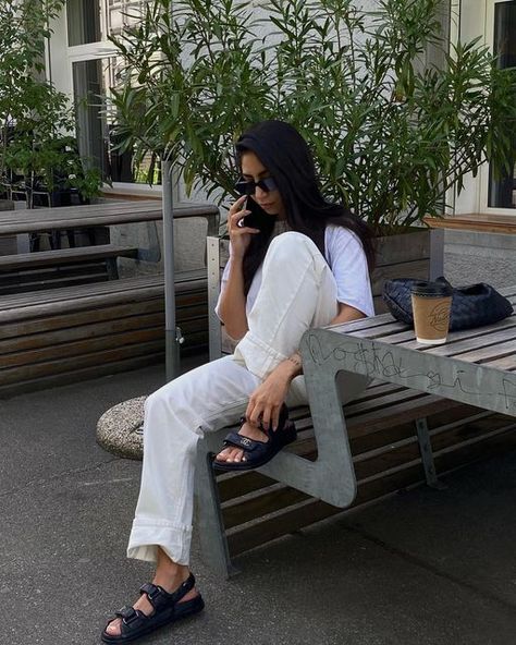 Prada Sandals Outfit, White Chunky Sandals Outfit, Chanel Sandals Outfit, Chanel Dad Sandals Outfit, Dad Sandals Outfit, All White Fit, Chanel Dad Sandals, Chunky Sandals Outfit, Neutral Fashion Summer