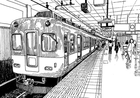 Train Drawing, Perspective Sketch, Perspective Drawing Architecture, Perspective Drawing Lessons, Artwork Ideas, City Drawing, White Drawing, Air Terjun, Background Drawing