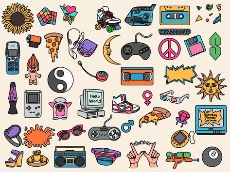 90s Doodles Art, 90s Nostalgia Art, 90s Stickers Aesthetic, 90s Inspired Tattoos, Nostalgic Tattoo Ideas, 90s Aesthetic Design, 90s Symbols, 90s Stickers Png, 90s Aesthetic Stickers