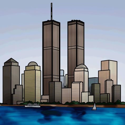 Twin Towers Drawing, Towers Drawing, Gotham City Skyline, New York Drawing, Skyline Drawing, New York Landscape, Animal Anime, The Twin Towers, City Skyline Silhouette