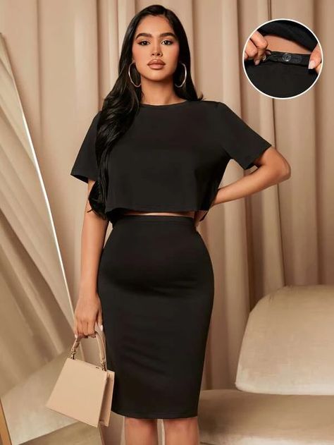 SHEIN Maternity Solid Crop Top & Adjustable Waist Skirt Set | SHEIN USA Maternity Crop Tops, Maternity Two Piece, Solid Crop Top, Shein Maternity, Bauchfreies Top, Maternity Wardrobe, Maternity Chic, Bodycon Midi Skirt, Colorful Crop Tops