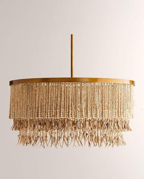 Baja Round Natural Wood Beads Tiered Chandelier Arteriors Lighting, Antique Brass Frame, Round Chandelier, 3 Light Chandelier, Bead Stringing, Brass Frame, Chandelier Pendant Lights, Decor Lighting, Bead Strand