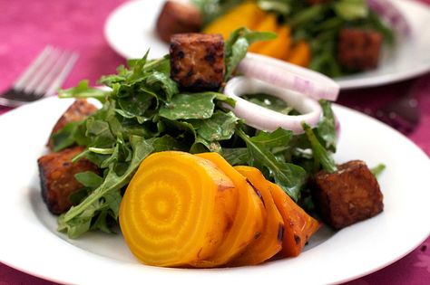 Roasted Yellow Beet Salad With Warm Maple Mustard Dressing | Post Punk Kitchen | Vegan Baking & Vegan Cooking Tempeh Croutons, Roasted Yellow Beets, Golden Beets Salad, Roasted Golden Beets, Punk Kitchen, Yellow Beets, Marinated Tempeh, Baking Vegan, Roasted Beet Salad