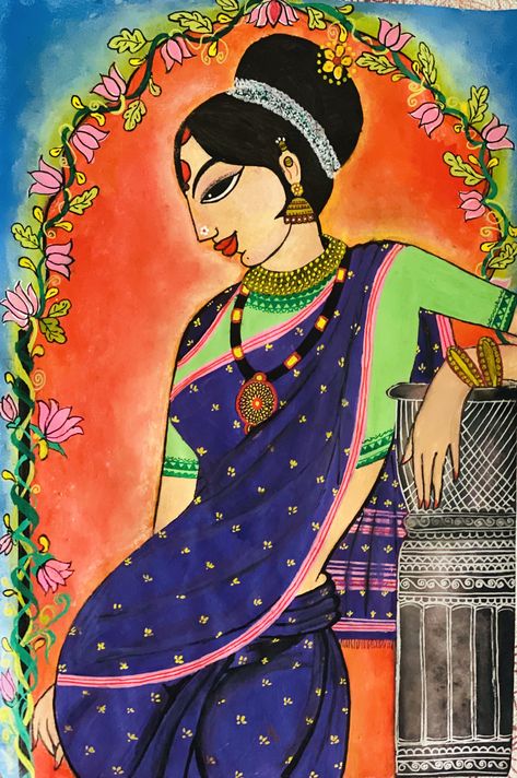 South Indian lady - Acrylic Painting Indian Women Acrylic Painting, Acrylic Painting Canvas Woman, Marathi Lady Painting, Madhubani Lady Painting, Indian Acrylic Painting Canvases, Women Acrylic Painting Canvases, African Lady Painting Acrylic, Varsha Kharatmal Paintings, Indian Lady Drawing