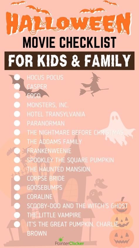 halloween movie checklist for kids and family Kids Movie Night Ideas, Fun Halloween Movies, Kid Friendly Halloween Movies, Halloween Movies For Kids, Outdoor Movie Night Party, Cozy Movie Night, Halloween Movies List, Movie Night For Kids, Movies For Kids