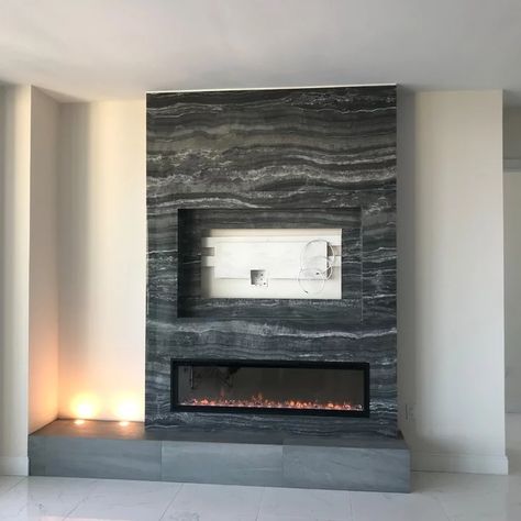 Linear Fireplace With Hearth Tv Wall - Photos & Ideas | Houzz Linear Fireplace With Hearth, Tv Above Mantle, Wall Pictures Ideas, Fireplace With Hearth, Linear Fireplace, Marble Frame, Desert Homes, Grey Tiles, Home Fireplace