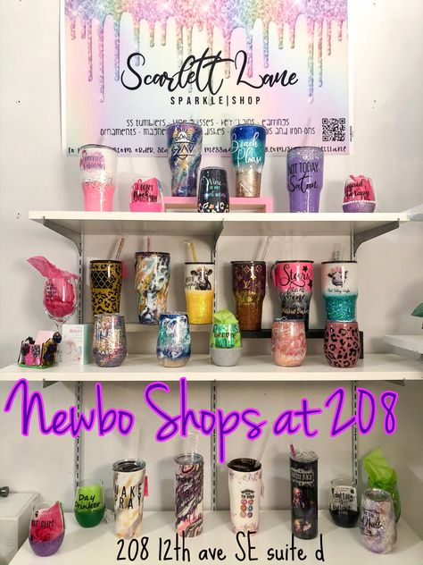 My Tumblers for sale in Newbo Shops at 208. Fb.com/shopscarlettlane Shelves For Tumblers, Sublimation Ideas To Sell, Tumbler Display Ideas, Christmas Sublimation Ideas, Tumbler Display, Pop Up Shop Display Ideas, Pop Up Shop Display, Shop Display Ideas, Dog Boutique Ideas