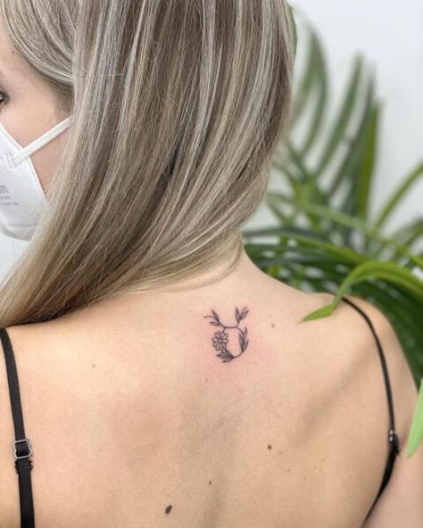 Taurus Vine Symbol Back Tattoo - tattooness Daisy Taurus Tattoo, Taurus Neck Tattoo, Women Taurus Tattoo, Minimalist Tattoo Taurus, Taurus Line Tattoo, Taurus Inspired Tattoos, Taurus Fine Line Tattoo, Symbol Back Tattoo, Taurus Tattoo For Women Zodiac