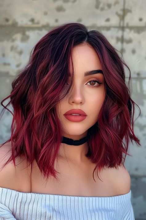 Professional Hair Color For Work, Bob With Red Highlights, Brown Peekaboo Hair, Dark Roots Hair Color Ideas, Red Highlights On Dark Hair, Hair Color Combos, Burgundy Hair Ideas, Red Hair Balayage, Short Burgundy Hair