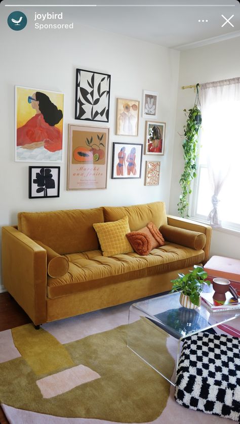 Orange Yellow Aesthetic Living Room, Ginger Couch Living Room Ideas, Mustard Couch Living Room Ideas Modern, Yellow Velvet Couch Living Room, Yellow Corduroy Couch, Ginger Couch Living Room, Mustard Yellow Couch Living Room Ideas, Mustard Yellow Couch Living Rooms, Mustard Yellow Sofa Living Room