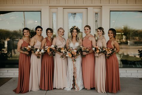 Love me some terra-cotta wedding vibes Photographer: @conwaycaptions Terra Cotta Bridesmaids Dress, Terra-cotta Bridesmaids Dresses, August Wedding Colors Bridesmaid Dress, Terra Rosa Wedding, Terra Cotta Bridesmaid Dress, Bridesmaid Dress Terra Cotta, Outdoor Wedding Party Outfit, Terra Cotta Wedding Party, Wedding Colors Terra Cotta