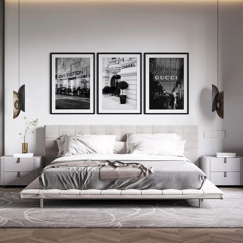 Picture Above Bed, Photos Above Bed, Pictures Over Bed, Frames Above Bed, Luxury Fashion Poster, Wall Art Inspiration, Inspiration Wall Art, Chic Wall Decor, Wall Art Above Bed