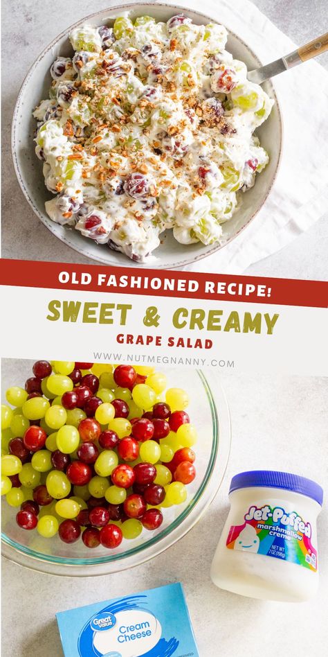 This sweet grape salad is packed full of green and red grapes and made with cream cheese and marshmallow fluff. This is super delicious and perfect for summer BBQs. Marshmellow Salad, Cream Cheese And Marshmallow Fluff, Marshmallow Salad, Summer Desserts For A Crowd, Grape Salad Recipe, Marshmallow Fluff Recipes, Fruit Dips, Easy Fruit Salad Recipes, Simple Family Meals