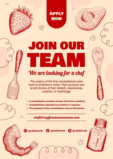 Hand-drawn Linear We're Looking For A Chef Poster For Hire Poster, Hiring Poster Restaurant, We’re Hiring Poster, Were Hiring Poster, Marketing Poster Ideas, Restaurant Event Poster, Hiring Poster Design Ideas, Join Us Poster, Hiring Poster Creative