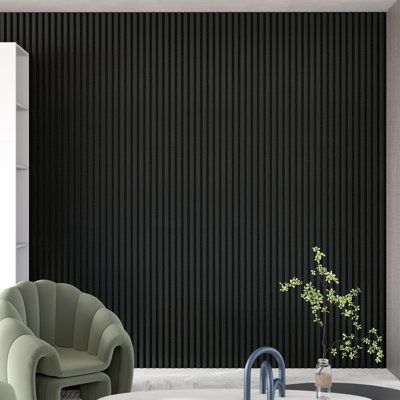 Enhance your space with the acoustic slat paneling for walls and ceilings. This listing includes 1 panel measuring out to 94 inches x 24 inches. The panels are made from veneered lamellas on the bottom of a specially developed acoustic felt created from recycled material. The handcrafted panels are not only designed to fit in with the latest trends but are also easy to install on your wall or ceiling. They help to create an environment that is not only quiet but beautifully contemporary, soothin Black Slat Wall Bathroom, Black Wall Slats, Black Wood Panel Wall, Sound Dampening Decor, Black Wall Paneling, Black Slat Wall, Laundry Room Accent Wall, Slat Panelling, Entry Wallpaper