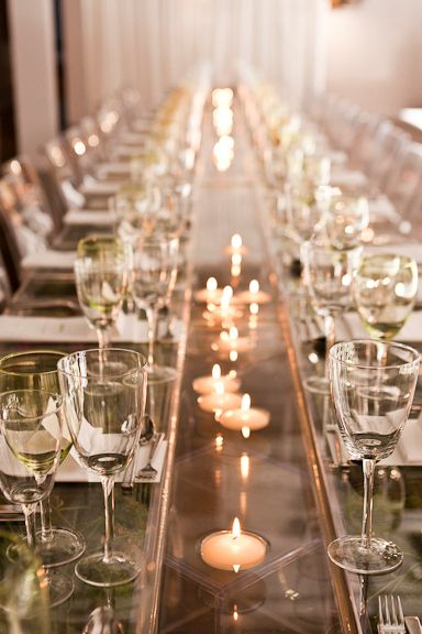 full length floating candle tablescape Candle Tablescapes, Floating Candle, Rain Gutters, Long Table, Event Inspiration, Flower Candle, Floating Candles, Deco Table, Reception Decorations