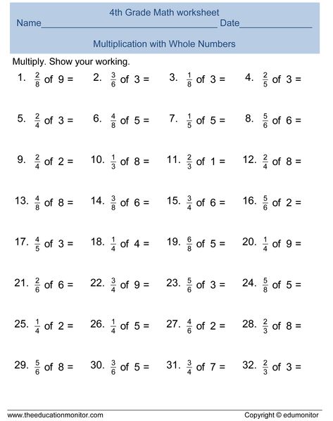 Fractions Worksheets Grade 4, 4th Grade Multiplication Worksheets, Free Fraction Worksheets, 7th Grade Math Worksheets, Math Fractions Worksheets, 4th Grade Fractions, Math Integers, Fun Math Worksheets, Math Practice Worksheets