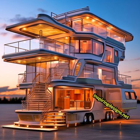 These Giant Open-Concept Campers Have Fold-Down Walls That Offer Stunning Views – Inspiring Designs Camper Organization Rv Living, Gorgeous White Kitchen, Truck House, Cool Rvs, Penthouse View, Luxury Campers, Luxury Motorhomes, Luxury Van, Custom Campers